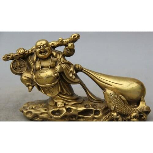 7" Chinese Brass Happy Laugh Maitreya Buddha Money Bag Fish Wealth Rich Statue S0706 Discount 35