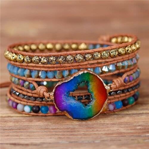 Natural Stone Boho 5 Wraps Multi Color Druzy Charm Beads Wrap Bracelet Gemstone Leather Bracelet Friendship Jewelry Wholesale
