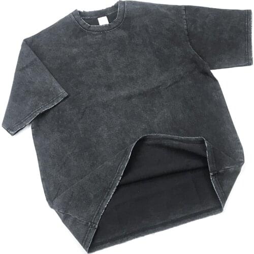 Distressing Black Short Sleeve T-shirt Kanye Garment-Washed Heavy Cotton Tee Ripped Cuffs Streetwear