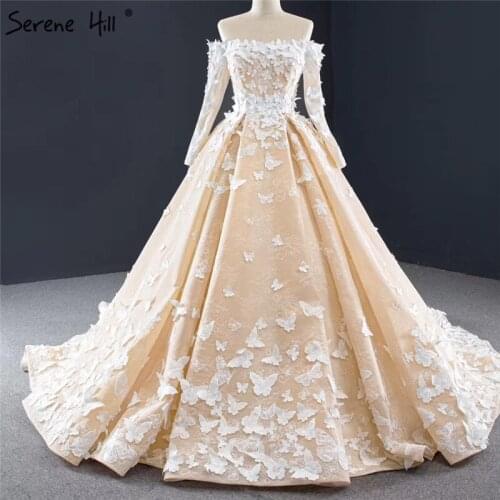 Champagne Long Sleeves Handmade Butterfly Wedding Dresses 2020 Off Shoulder Sexy Bridal Gowns HM67072 Custom Made