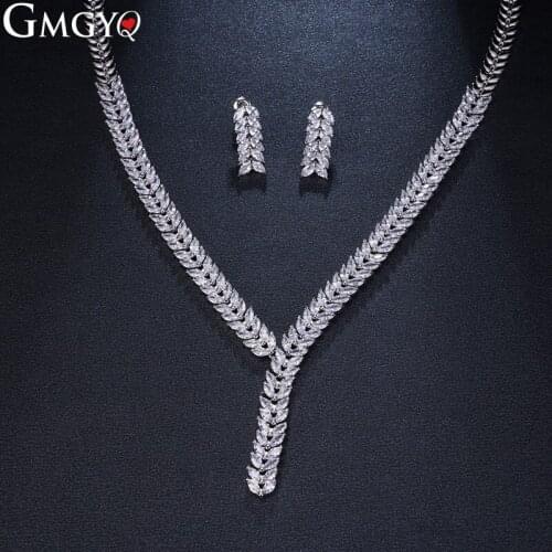 GMGYQ Fashionable luxury design silver olive Zircon Necklace Earrings two-piece sets Bridal Wedding Jewelry