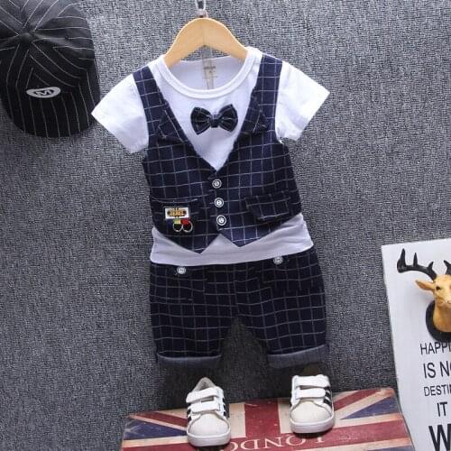 New Summer Children Gentleman Clothing Baby Boys Cotton Tie T Shirt Shorts 2Pcs/sets Kids Infant Patchwork Toddler Tracksuits