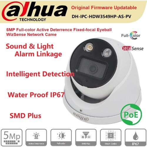 IP Camera Dahua 5MP IPC-HDW3549H-AS-PV Fixed-Focal Eyeball WizSense Network Buil-in Mic&Speaker PoE Onvif Protect IP67 Colorful