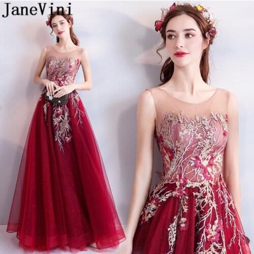 JaneVini 2020 Lace Appliqued Bridesmaid Dresses Burgundy Long Tulle Wedding Party Gowns Women See Through A Line Prom Dress