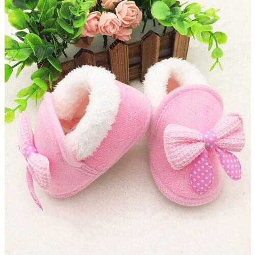 Cute Bowknot Soft Crib Shoes Winter Warm Newborn Baby Girl Fur Prewalker Red Pink 0-18M