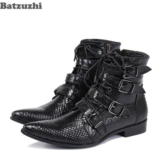 Batzuzhi Rock Western Cowboy Mens Boots Pointed Toe Black Genuine Leather Ankle Boots Buckles Zip Motorcycle Boots Men, 38-46