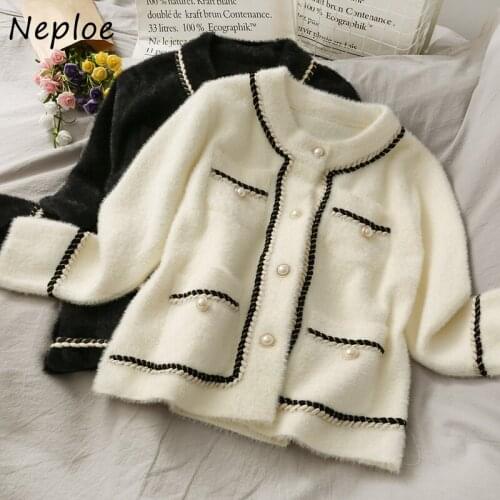 Neploe 2021 New Waterproof Mink Loose Cardigans Women Autumn Winter O-neck Chic Pockets Coat Exquisite Button Panelled Jacket