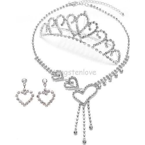New Gorgeous Wedding Bridal Sets Cz Love Heart Charm Necklace & Tiara Bride Hair Headpiece Front Crown & Earrings Jewelry Set