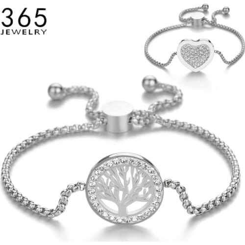 New Stainless Steel Adjustable Heart Tree Bracelets Women Steel CZ Stone Family Bracelet Mothers Day Gift