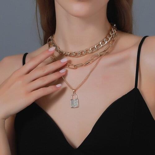 Punk Rhinestone Lock Pendant Necklace Hip Hop Multilayer Gold Silver Color Thick Chain Jewelry Choker Necklaces for Women Ladies