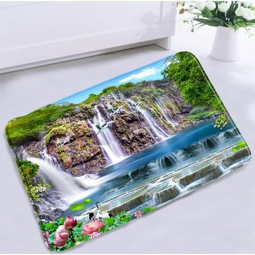 Landscape Waterfall Bathroom Mat Forest Mountain Water Flower Non-slip Flannel Bedroom Floor Rugs Bath Kitchen Carpet Foot Mats