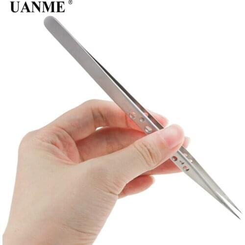 UANME AT-19K 19H Stainless Steel Straight Precision Straight Curved 9 Hole Lengthen Tweezers for Mobile Phone Repair Tool