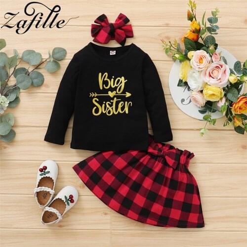 ZAFILLE Siblings Matching Outfits Little Big Sister Dress Letter T-shirts+Plaid Skirts Baby Kids Children Clothing Girls Outfits