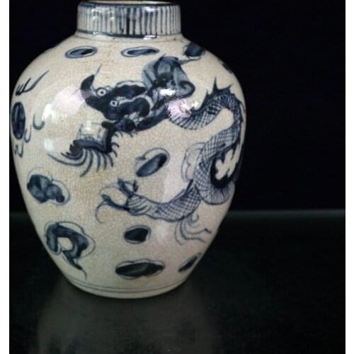 Early collection of old porcelain open-piece blue and white dragon-patterned jars