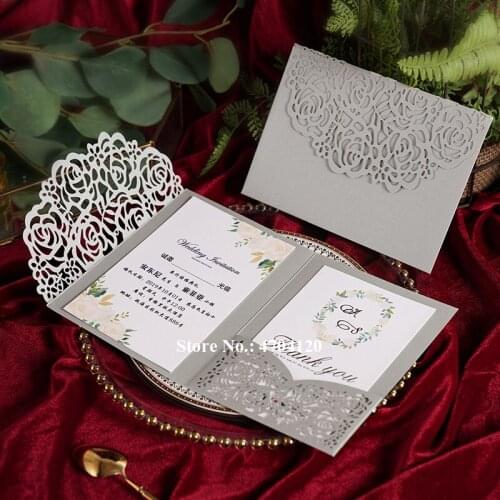 50X Gray Wedding Cards With Personalized Printing Insert And Information Card DIY Laser Cut Shiny Bridal Shower Invites