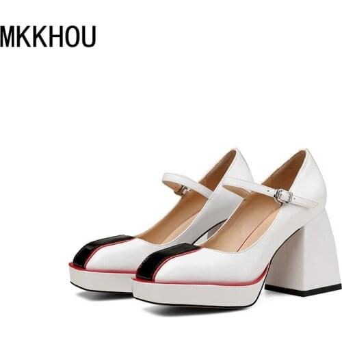 MKKHOU Fashion Single Shoes Women New Summer Shoes Real Leather Platform Color Matching High Heel Shoes Large Size 33-43