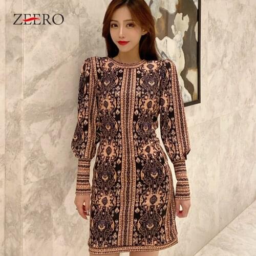 Korean Version Spring Autumn Female Printing O-Neck Long Lantern Sleeve Dress for Women Vintage Slim Buttocks Base Mini Dresses