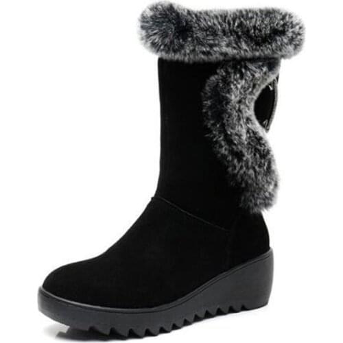 High End Rabbit Fur Decoration Scrub Leather Boots In-bube Fashion Boots Winter Warm Shoes Woman Boots Flat Wedges Plus Size 43