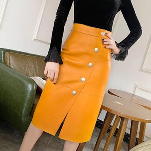 Autumn Spring A Line Genuine Leather Skirt Women Button Design Elegant OL Lady Real Sheep Leather Fashion Classic Skirts Female