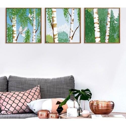 Green Forest Watercolor Oil Painting White Pigeon Waterproof Posters Family Living Room Bedroom Decorative Canvas Painting