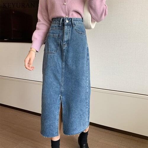 Harajuku Jeans Skirt Womens 2021 Autumn Split Sexy Denim Skirt Femme High Waist Long Skirts Vintage pocket Autumn Saia