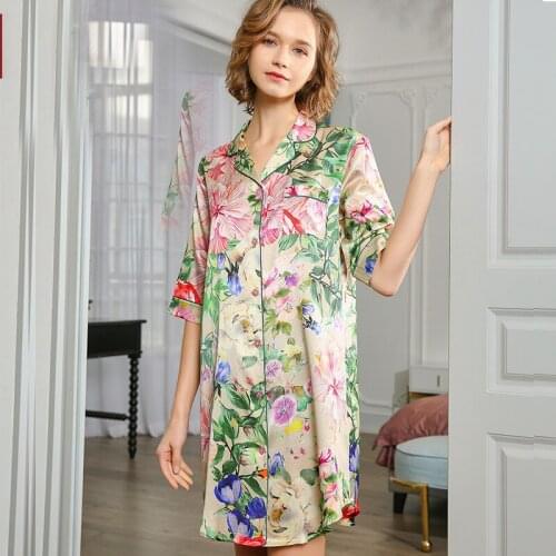 Women Women 100% Mulberry Silk Printed Nightdress Female Autumn Heavy Silk Large Size Lingerie S5649Nightgown