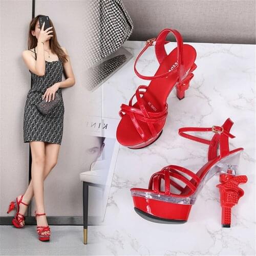 2021 New Summer Women Transparent Sandals Cross-Tied Pistol Heel 14 CM High Heels Platform Model Catwalk Shoes White Black Red