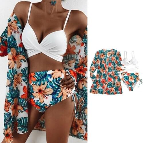 Womens Sexy 3pcs Leaves Bikini Set Cross Push Up Swimsuit with Beach Cover Up