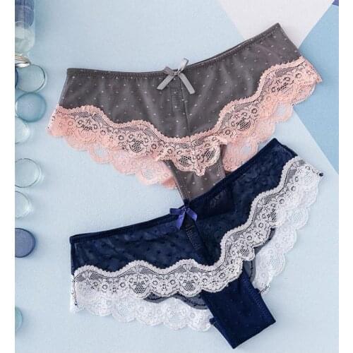 Transparent Mesh Seamless Womens Underwear Sexy Low-Waist Lace Panties Bow Buttocks Female Briefs Temptation Lingerie Tanga