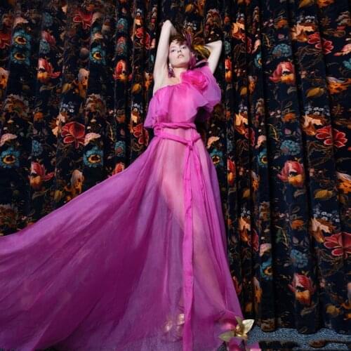 New Fuchsia See Thru Long Tulle Robe One Shoulder 3D Flower Women Christmas Dresses Sexy Women Outfit Bridal Night Gowns