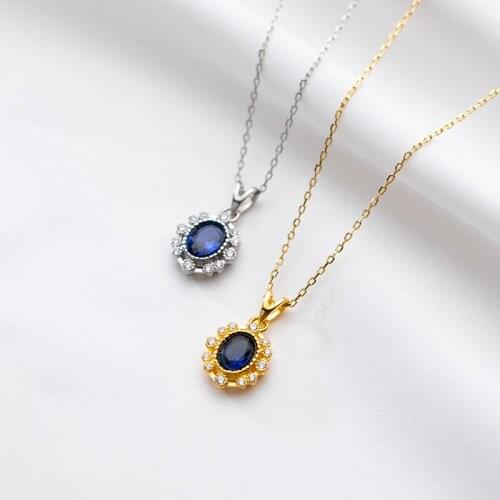 18K Gold Real. Authentic 925 Sterling Silver Jewelry white cz & Blue Oval sapphire necklace Pendant Engagement C-D8513