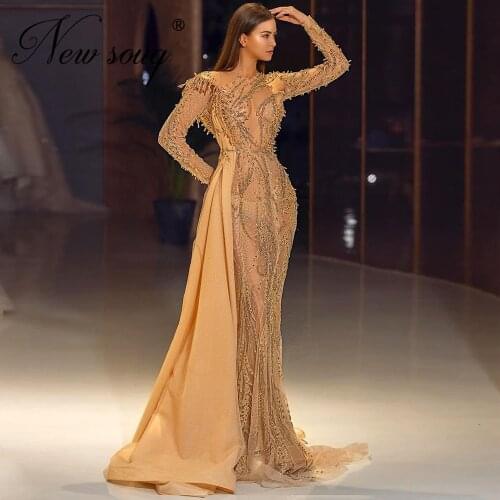 2021 Champagne Beaded Crystals Evening Dresses Arabic Formal Vestidos De Festa Dubai Mermaid Long Celebrity Gowns Party Dresses