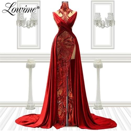 Dubai Velvet Lace Red Evening Dresses Muslim Women Wedding Party Gowns 2021 Elegant Arabic Engagement Dress Prom Dresses Vestido