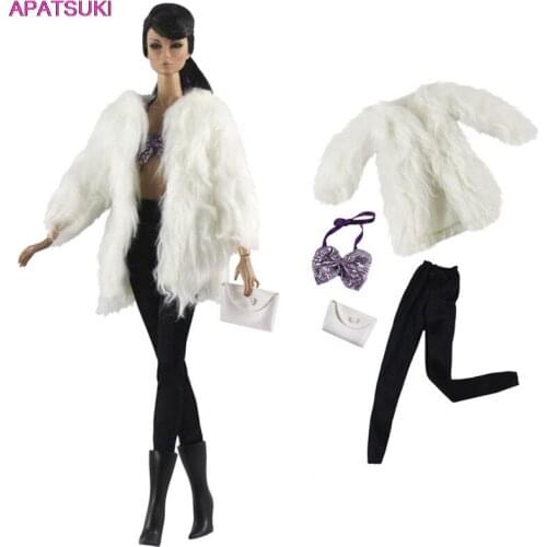 White Fur Winter Coat Fashion Doll Clothes For Barbie Doll Outfits Parka Top Bra Legging Bag 1/6 Doll Accessories Toy