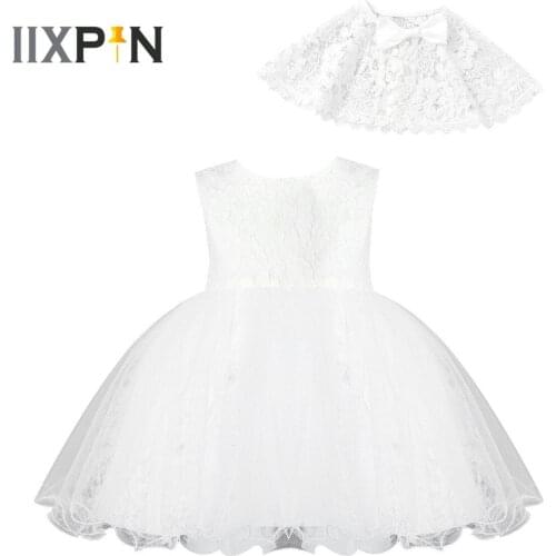 2pcs 2021 Baby Girls Floral Lace White Dress Toddler Princess Dress Up Infant Girl Christening Baptism Party Gowns with Cloak