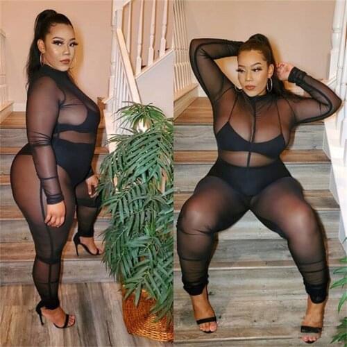 BKLD Women Jumpsuits Pants 2020 Summer Clothes XL-5XL Plus Size Fishnet Sheer Black Sexy Jumpsuit Long Sleeve Rompers Clubwear