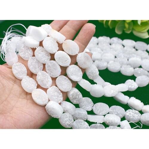 7.5" White crystal Gilded agates Natural Oval stone Loose beads for jewelry making Women Healing gifts