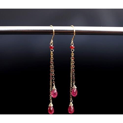 DMBS388 18K Genuine Gemstones Gold Ruby Long Earrings Womens Days Genuine and Simple Earrings for Girlfriend