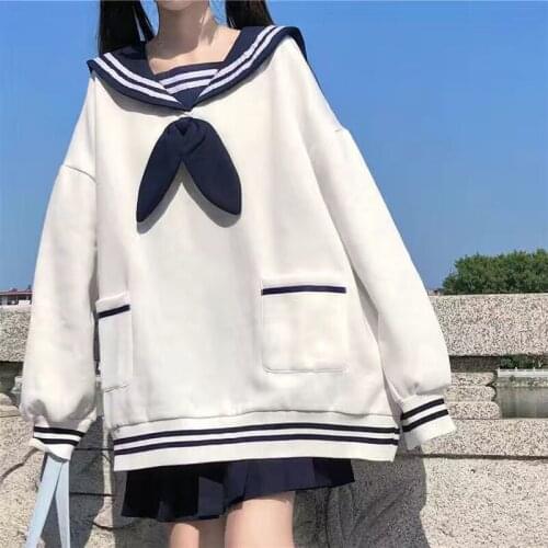 Hstar 2021 Japanese autumn winter bowknot girl cute sweet navy collar loose long-sleeve student Hoodie pullover women