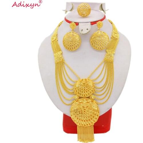 Adixyn 2021 Luxury Dubai Jewellry Set for Women 24K Gold Color 60CM Chain/Earrings/Ring African Bridal Jewelry Gifts N122715
