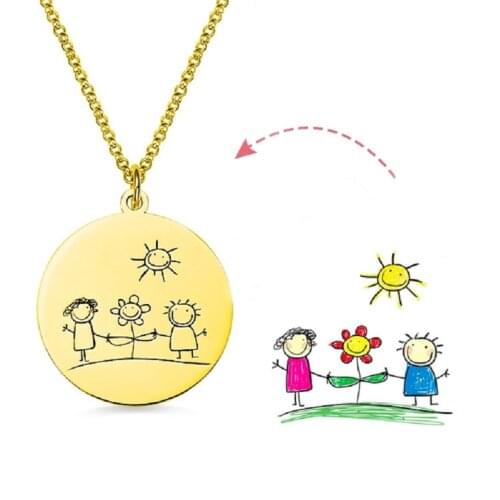 Round Custom Silver Necklaces Pendant Golden Child Drawing Necklace 925 Silver Kids Artwork Jewelry Necklace Engrave Name Gift