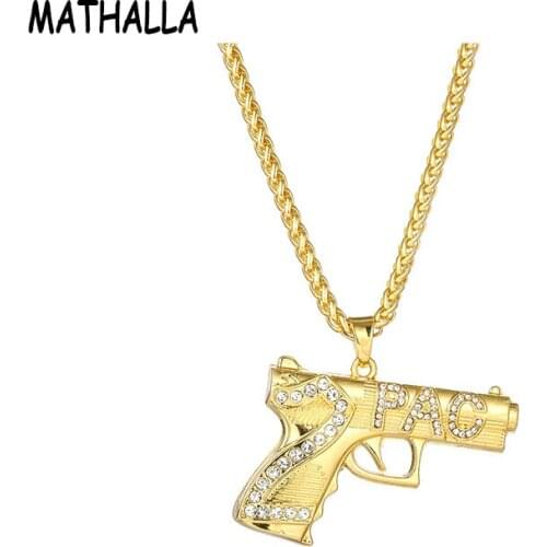 MATHALLA Fashion Cool Pistol Pendant Necklace Gold Plated Full Cubic Zirconia Gold Necklace Mens Hip Hop Jewelry