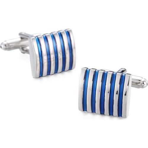 HYX Jewelry Blue stripe metal Brand Cuff Buttons French Shirt Cufflinks For Mens Fashion Cuff Links Christmas gift