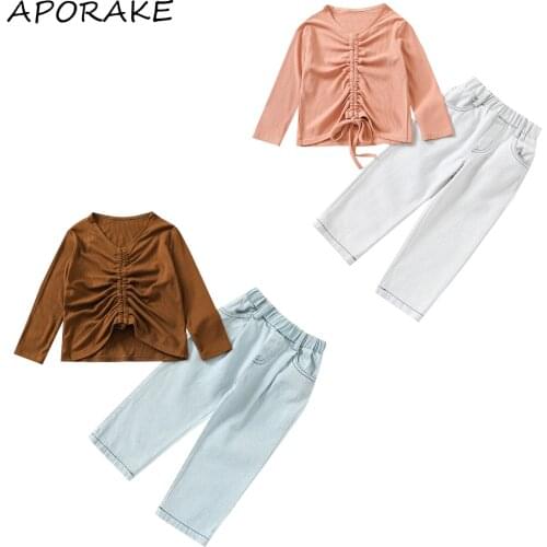 2021 0-6Y Autumn Kids Baby Girl Clothes Set Fashion Drawstring Bandage Solid Color V Neck Long Sleeve Top+Denim Pants 2pcs