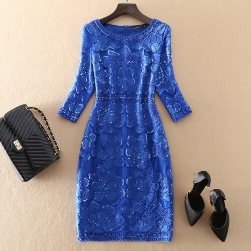 Runway Office Ladies Fashion Designer Blue Pink Flower Embroidery Slim Plus Size XXXL Party Holiday Dress