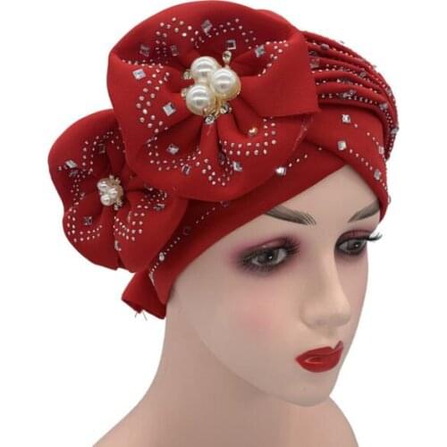 Hot sale nigerian gele headtie with beads and stones red lace fabric african aso oke gele head tie 2piece/lot PLT