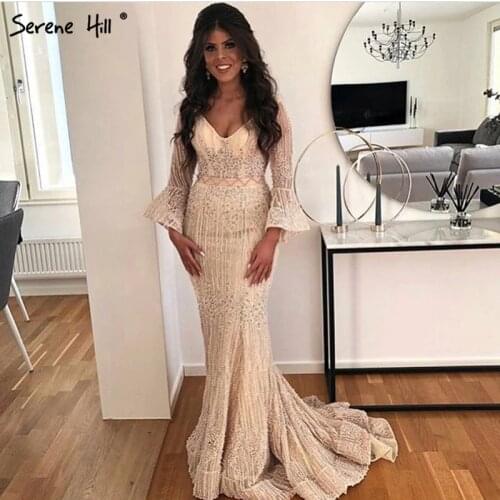 Long Sleeves Fashion Luxury Evening Dresses V-Neck Mermaid Pearls Crystal Sexy Formal Dress 2020 Serene Hill LA6489