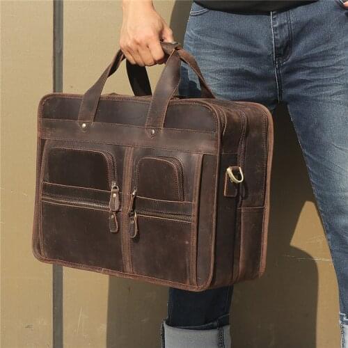 POOLOOS Big Brown Black Genuine Crazy Horse Leather 17'' Laptop Men Briefcase Business Travel Messenger Bag Portfolio M7387