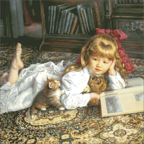Girl on Floor Beauty Cute Kid Cat Large Format Cross Stitch Kits Top Quality Embroidery Needlework DIY 14CT Unprinted Handmade
