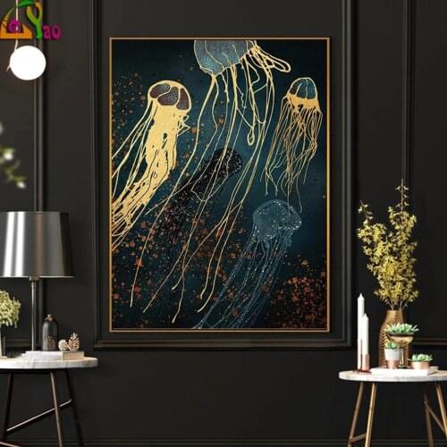 Golden Jellyfish Whale Octopus Wall Art 5d Diy Diamond Painting Abstract Ocean Animal Fish Living Room Decoration Wall Pictures